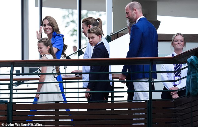 The Prince and Princess of Wales, with Princess Charlotte and Prince George as they arrive on day fourteen of the 2025 Wimbledon Championships