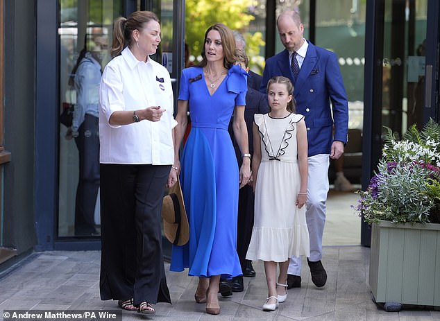 The Princess of Wales arrived at the All England Club for the men's Wimbledon final this afternoon with her eldest two children and husband Prince William