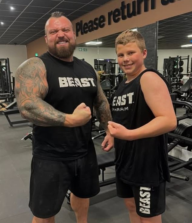 The now 13-year-old is seemingly already following in the footsteps of his strongman father