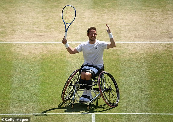 LONDON, ENGLAND - JULY 13: Alfie Hewett of Great Britain celebrates against Tokito Oda of Japan during the Gentlemen's Wheelchair Singles Final on day fourteen of The Championships Wimbledon 2025 at All England Lawn Tennis and Croquet Club on July 13, 2025 in London, England. (Photo by Hannah Peters/Getty Images)