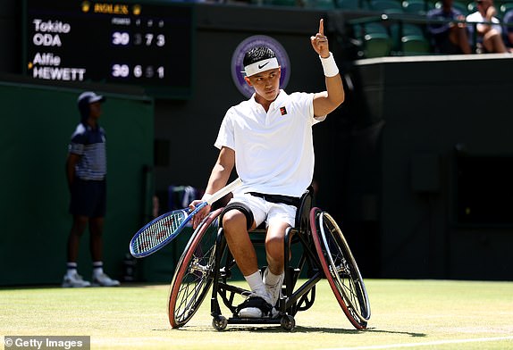 LONDON, ENGLAND - JULY 13: Tokito Oda of Japan celebrates against Alfie Hewett of Great Britain during the Gentlemen's Wheelchair Singles Final on day fourteen of The Championships Wimbledon 2025 at All England Lawn Tennis and Croquet Club on July 13, 2025 in London, England. (Photo by Dan Istitene/Getty Images)