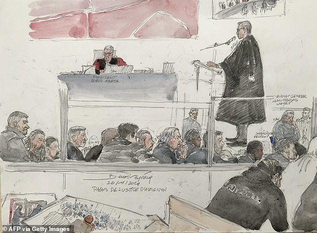 A courtroom sketch shows presiding judge Roger Arata (Top L), public prosecutor Jean-Francois Mayet and defendant Dominique Pelicot in front of many of his co-defendants