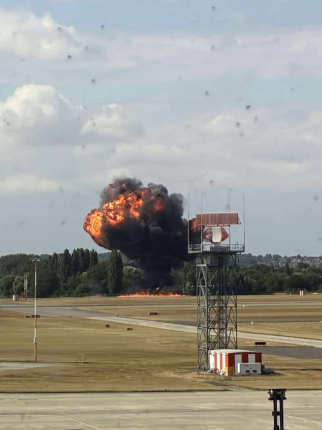 The small Beech B200 aircraft was reportedly heading to the Netherlands but images of a huge fire with black smoke metres from the runway have been circulating on social media