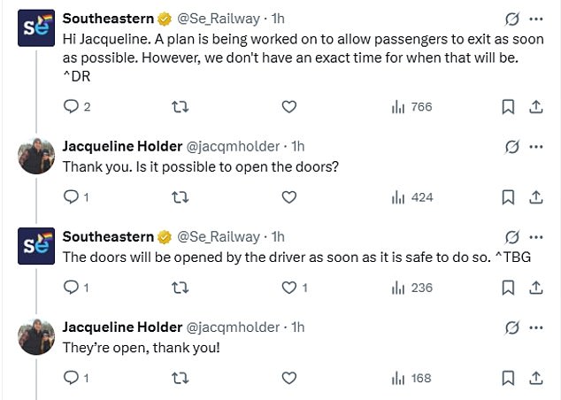 Passengers stranded on the train quickly took to social media to alert Southeastern Railway of the hot conditions onboard