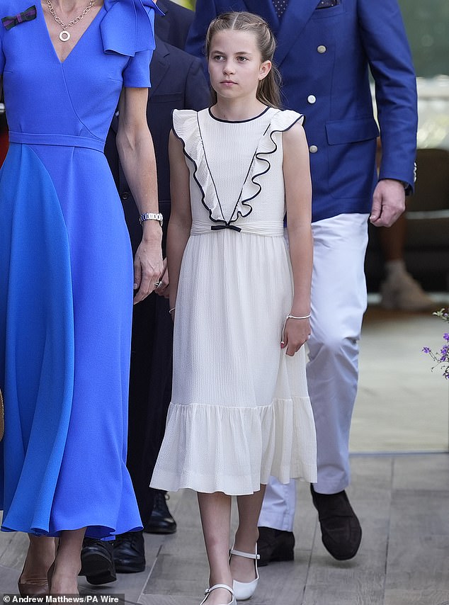 Princess Charlotte, a keen tennis watcher and a particular fan of Carlos Alcaraz, looked adorable in a white dress as she arrived at the tournament