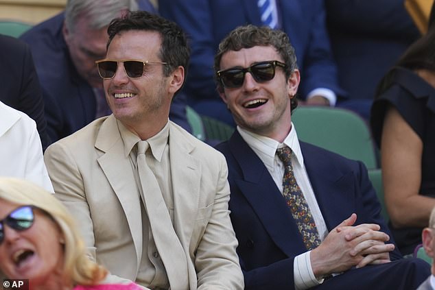 Irish actor Paul Mescal, 29 (pictured with Andrew Scott) looked smart in a suit and floral tie in the royal box