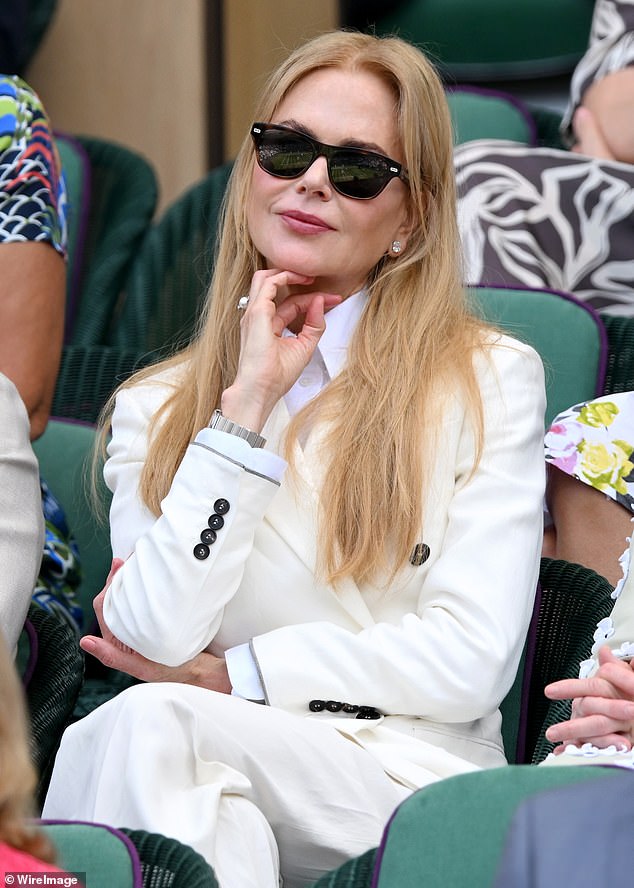 Australian actress Nicole Kidman exuded elegance in a chic white suit as she watched the on-court action from the Royal Box
