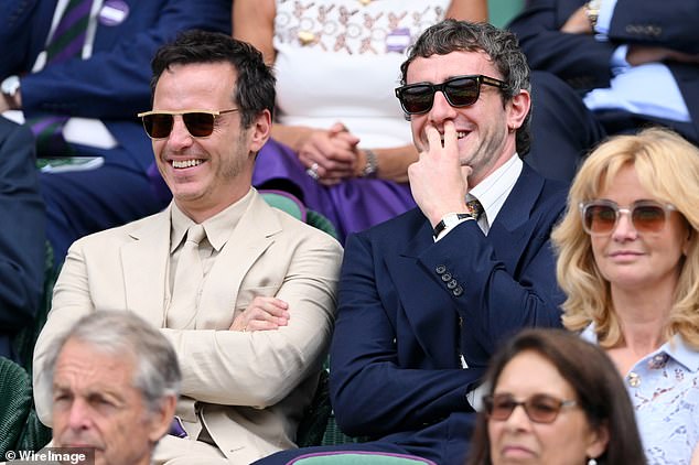 Andrew Scott (pictured, left) looked stylish as he took to the Royal Box alongside fellow thespian Paul Mescal (pictured, right)