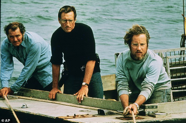 Jaws stars Roy Scheider (middle) as police chief Martin Brody, who, with the help of a marine biologist (Richard right) and a professional shark hunter (Robert Shaw left), hunts a man-eating great white shark that attacks beachgoers at a New England summer resort town
