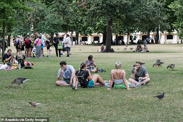 By the middle of next week, 'cooler and more changeable weather' is expected. The English capital will still be in the high 20s, but cities like Liverpool and Newcastle are predicted to see heavy downpours early next week (Pictured: people enjoy an ice cream in London's St James' Park on July 13, 2025)