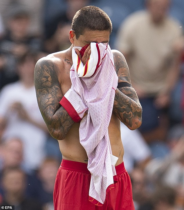 An emotional Nunez is seen following the game as Liverpool paid tribute to Jota
