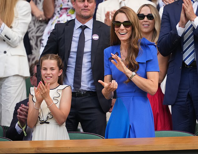 Princess Catherine and Prince William brought their eldest son Prince George, 11, and Charlotte, 10, to watch the Wimbledon final (Catherine and Charlotte applaud from Royal Box)