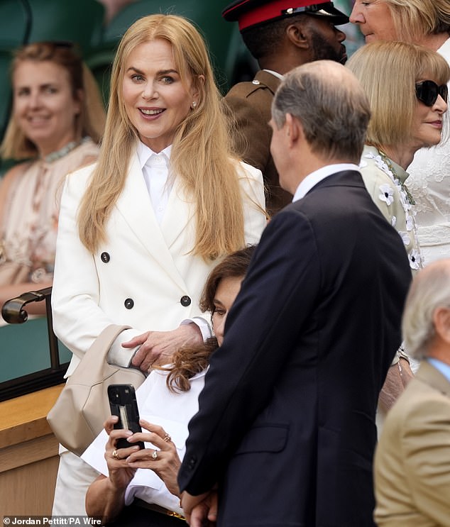 Nicole, 58, exuded sophistication in a cream double-breasted blazer layered over a smart collared shirt, as she took her seat in the Royal Box