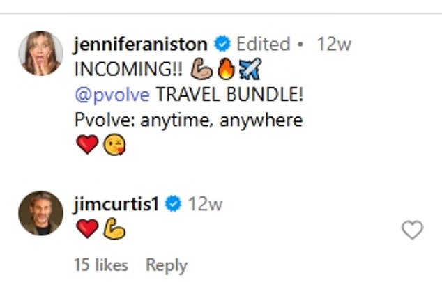Back in April, Curtis hinted at romance between the pair as he commented a heart emoji on a video of Aniston flaunting her toned frame while working out