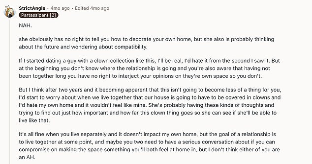 He asked the internet if he was in the wrong for telling his now-ex to 'suck it up' after she complained about his love of clowns - and it left people all across the web divided