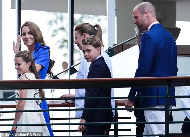 The Prince and Princess of Wales, with Princess Charlotte and Prince George as they arrive on day fourteen of the 2025 Wimbledon Championships