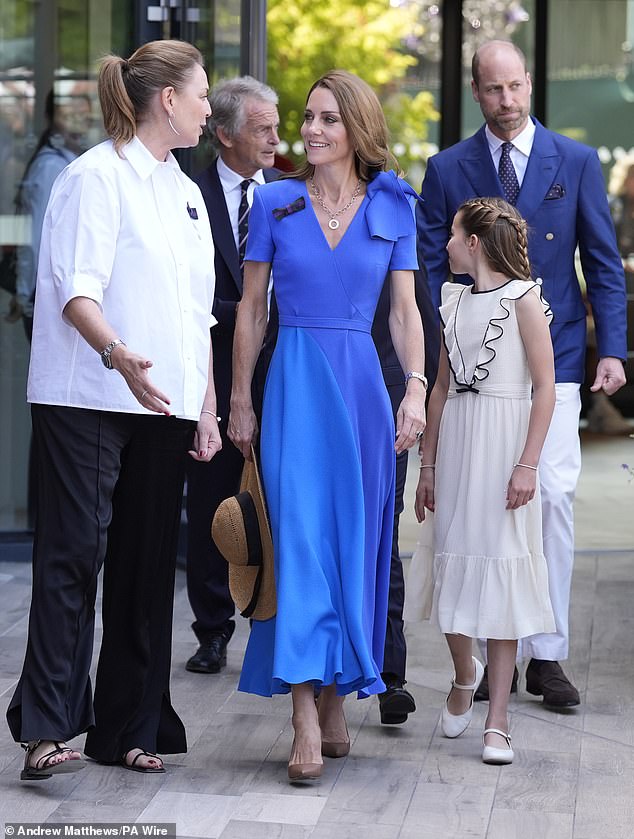 The 43-year-old royal donned a flowing blue dress, which featured an elegant ruffle on one shoulder