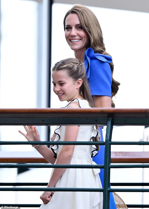 Kate's striking blue dress dress featured an elegant ruffle on what shoulder - while Charlotte's white frock similarly had ruffles