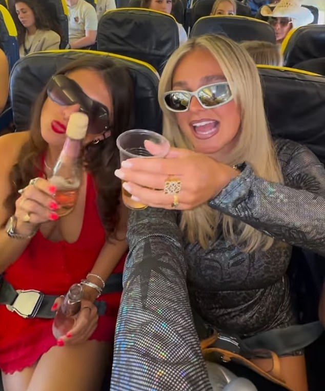 Hettie and her fellow partygoer enjoying an alcoholic beverage on the plane before taking off for Ibiza