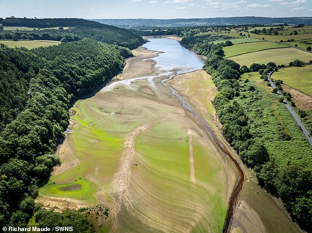 But while a week's notice was given for these bans, East Anglian farmers saw crop irrigation forbidden by the Environment Agency (EA) without any warning at all. Pictured: Lindley Wood Reservoir in North Yorkshire with very low water levels on Tuesday