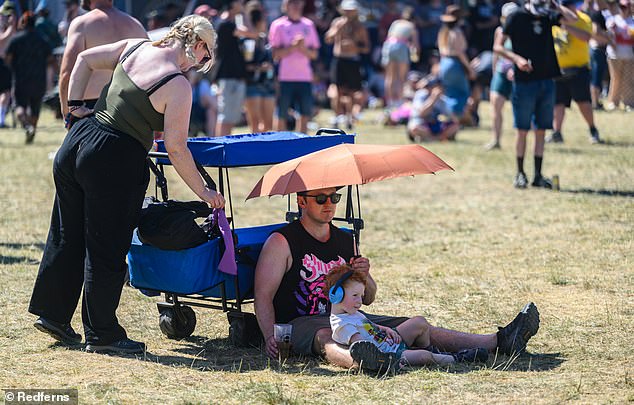 The EA imposes abstraction bans, also known as Section 57 restrictions, when severe drought coincides with irrigation windows. Pictured: People shield themselves from the sun at the 2000 Trees Music Festival at Upcote Farm in Cheltenham on Saturday