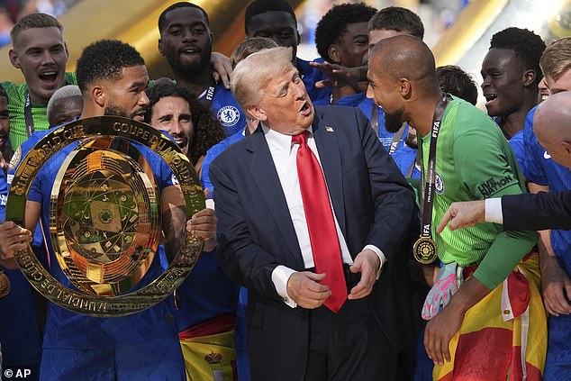 The US President refused to leave the stage as Chelsea celebrated winning the Club World Cup