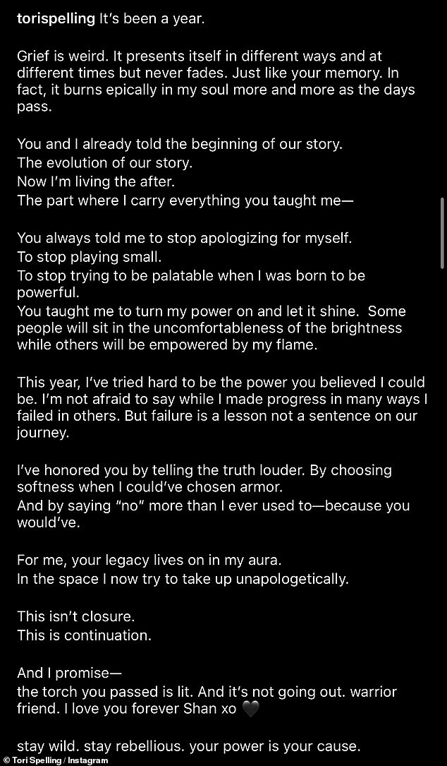 Sharing a carousel of photos of herself and Doherty, Spelling wrote, 'It¿s been a year.' Continuing, she described her state of mind as she looked back at her loss. 'Grief is weird. It presents itself in different ways and at different times but never fades. Just like your memory'