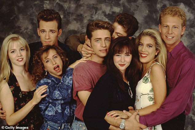 Spelling and Doherty met when they were starring in Beverly Hills, 90210; Pictured with the cast in 1991