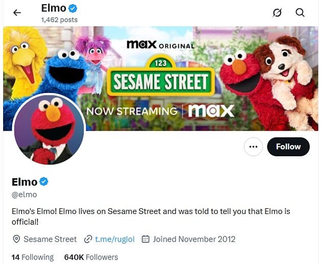The account for Elmo, under the handle @elmo, has more than 639,800 followers, and has been on the platform since November of 2012