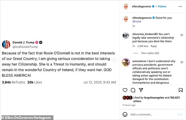 On Sunday, the 67-year-old canceled comedian - who boasts 293.1M social media followers - shared Donald's post and gave a shout-out to the 63-year-old comedian: 'Good for you @rosie'