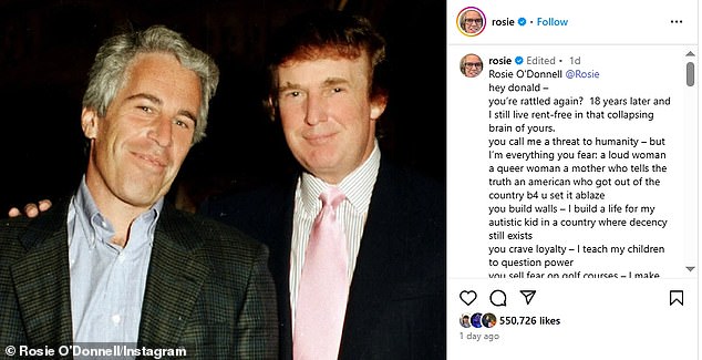In response to Donald's latest diss, O'Donnell shared no less than four posts on Saturday condemning the close friend of the late Jeffrey Epstein with her captive, combined 3.4M Instagram/TikTok following