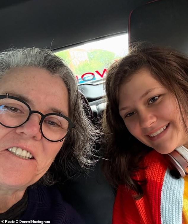 Rosie and her 12-year-old non-binary child Dakota 'Clay' O'Donnell (R, pictured last Tuesday) are getting acclimated to Dublin and she's 'in the process' of getting Irish citizenship