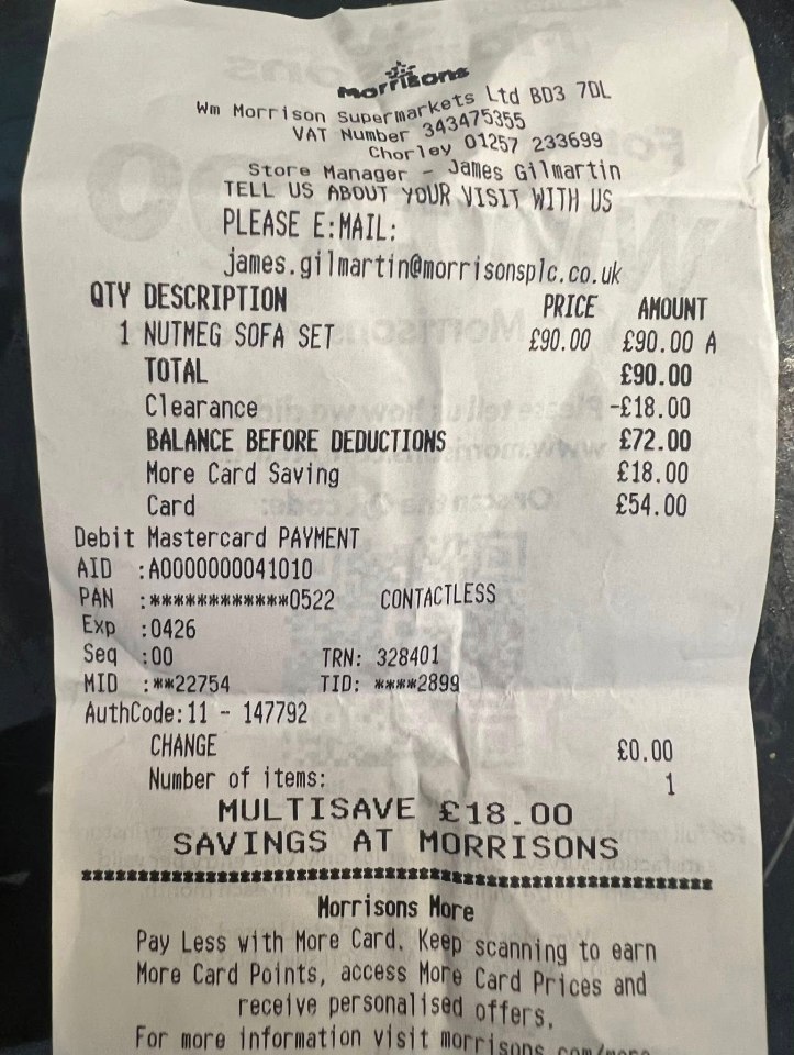 Morrisons receipt showing purchase of a nutmeg sofa set.