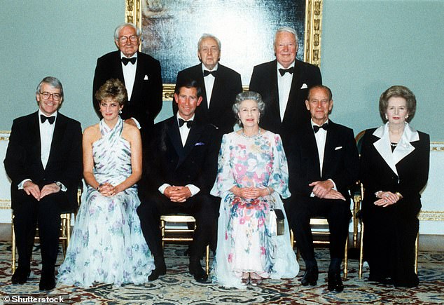 Pictured: the Queen, Prince Philip and the Prince and Princess of Wales with the then- Prime Minister John Major and four former PMs: Margaret Thatcher, Edward Heath, Harold Wilson and James Callaghan