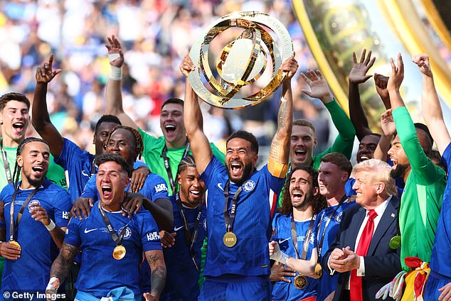 Trump also inexplicably inserted himself into the frame of Chelsea's victory trophy lift
