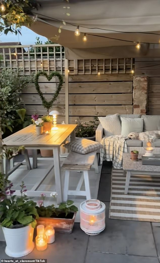 The interior wizz revealed she picked up a £300 pergola from IKEA and used old furniture and furnishing which she already had to instantly transform the space into a 'sanctuary'