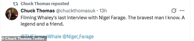 In the images posted James looked frail amid his illness and had a yellow blanket over his knees (Farage seen right)