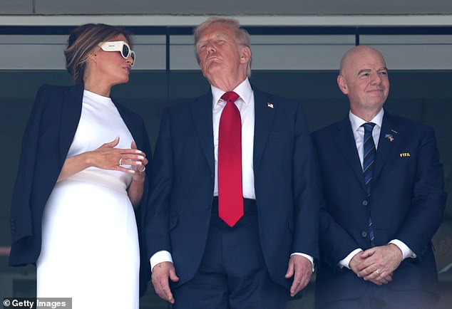 The 79-year-old was given VIP treatment as he soaked up the action alongside Melania, who cut a chic figure in a white dress and black blazer, and FIFA boss Infantino