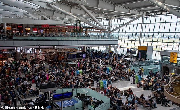 The widespread closure of airspace means travel to popular holiday destinations such as Spain, Italy, Greece and Croatia, has also been hit (stock image of a busy airport)