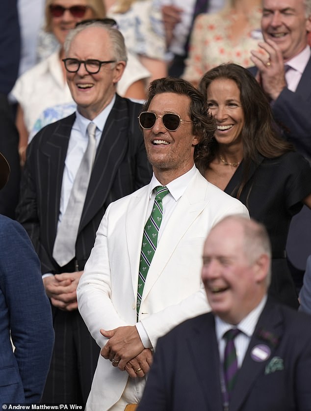 The American actor, 55, was among the celebrities who watched on as Jannik Sinner beat Carlos Alcaraz to the Wimbledon title in the star-studded royal box on Sunday