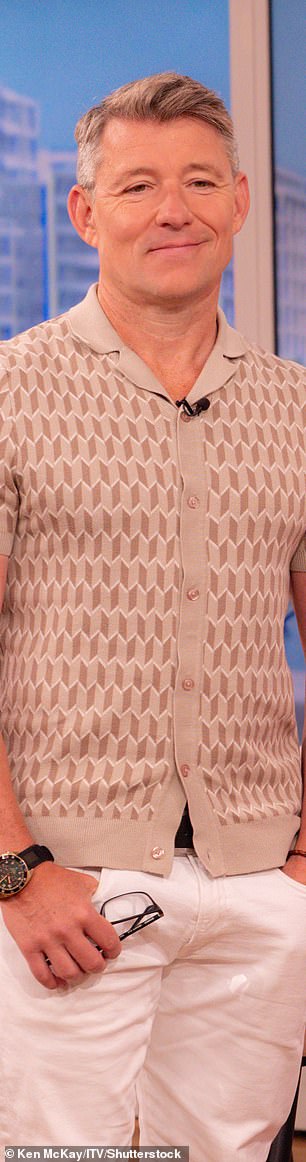 Ben, 50, oozed summer with a patterned cream and brown cardigan with white chinos