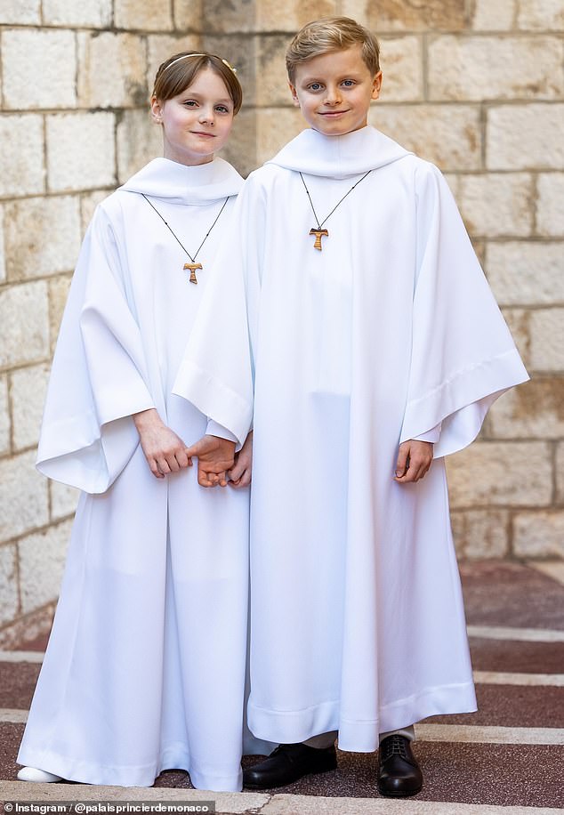 Prince Jacques and Princess Gabriella of Monaco, pictured, have made their first Holy Communion