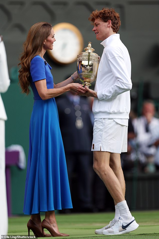 The Princess of Wales beamed as she handed Jannik Sinner the Wimbledon trophy following an enthralling four-set final