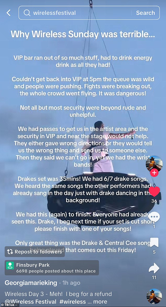 Others took to TikTok to share their experience with one filming the huge queue while another listed the reasons 'why Wireless Sunday was terrible'