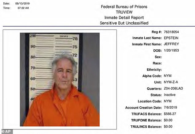 Prison records released in 2023 include a rarely seen mugshot of a disheveled Epstein in an orange prison jumpsuit