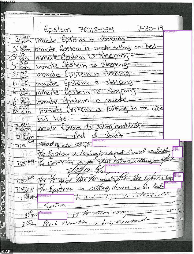 Pictured above is a suicide watch log monitoring Epstein's behavior in July 2019, days before his death. The disgraced financier was required to be under strict supervision due to his previous suicide attempts