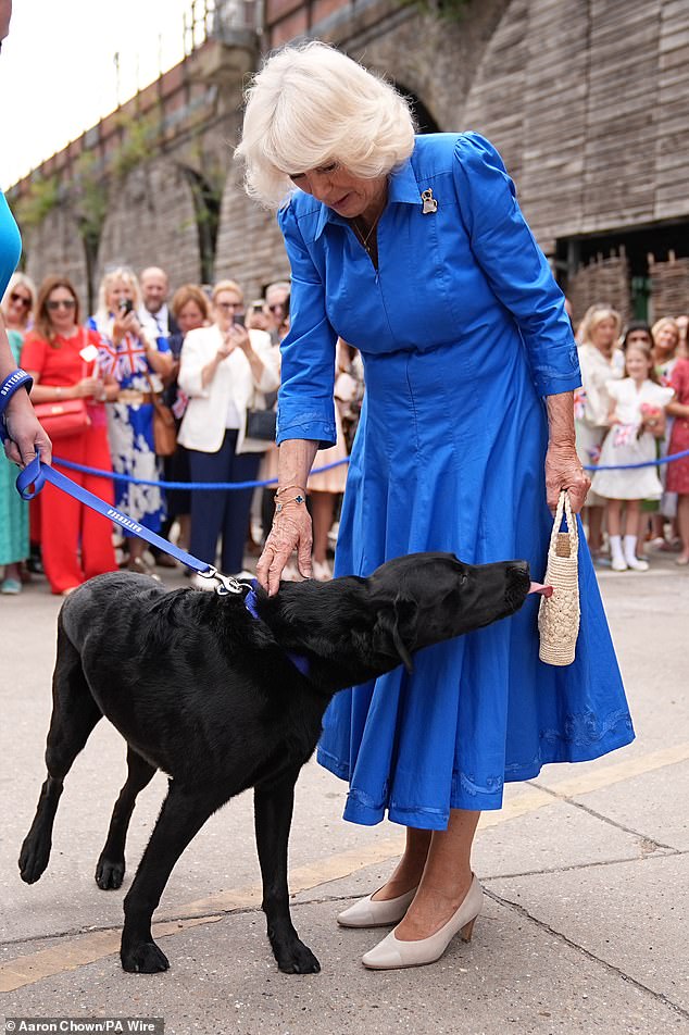 As she chatted to staff members in the gardens of the home, a little white terrier jumped up and tried to lick her hand and another black dog licked her white handbag