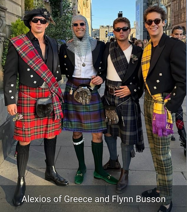 Prince Constantine-Alexios, far left, with Flynn Busson, far right, in full tartan get-up at the weekend