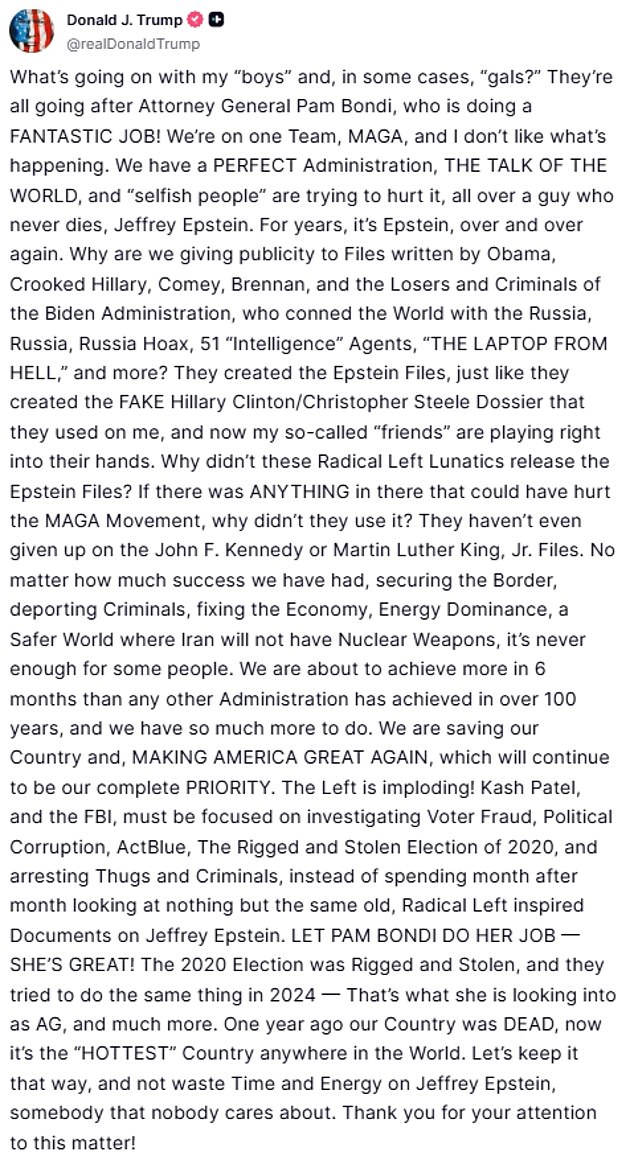 Trump is standing by his AG and asking his base to accept the outcome of the Epstein files