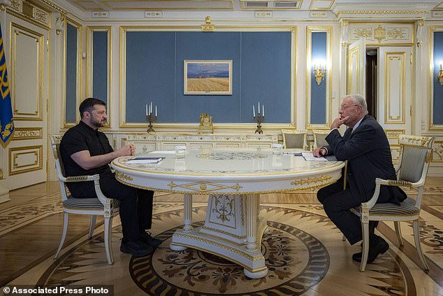 Ukrainian President Volodymyr Zelensky (left) and United States Special Envoy for Ukraine and Russia Joseph Keith Kellogg (right) talk in Kyiv